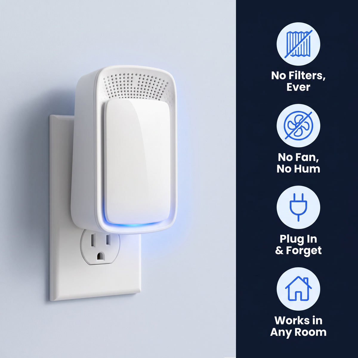 IonHalo plugged into a wall outlet: no filters, no fan, plug in and forget, works in any room
