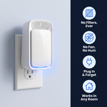 IonHalo plugged into a wall outlet: no filters, no fan, plug in and forget, works in any room